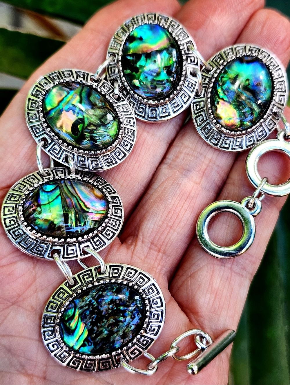 Silver plated Abalone Natural Stone Bracelet Greca  Hypoallergenic Mother Pearl